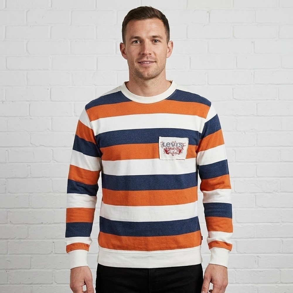 Levi's 90s VTG Stripe Knit Crewneck Shirt Mens XS Orange White Long Sleeve Patch